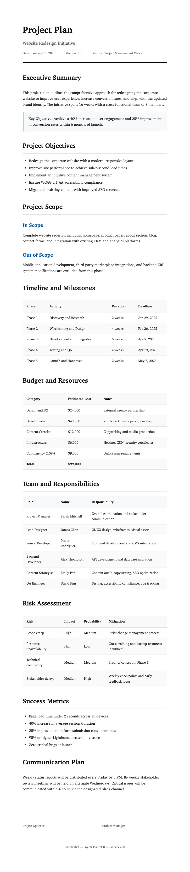 Classic professional project plan
